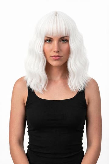 KIMU® Luxe Wit Pruik Schouderlengte Rechte Pony Krullen Oude, Ophalen of Verzenden, Nieuw