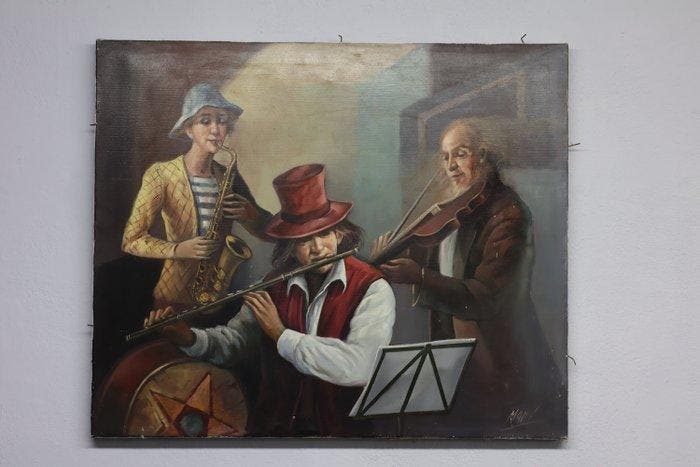 Signed “Mari” (XX) - Trio of Musicians in Interior, Antiek en Kunst, Kunst | Schilderijen | Klassiek