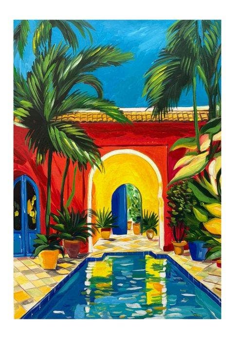 E. García - Oasis con palmera XL (no reserve), Antiek en Kunst, Kunst | Schilderijen | Modern