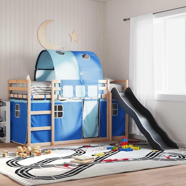 vidaXL Stapelbed met glijbaan en gordijnen blauw 80x200 cm, Maison & Meubles, Chambre à coucher | Lits, Envoi