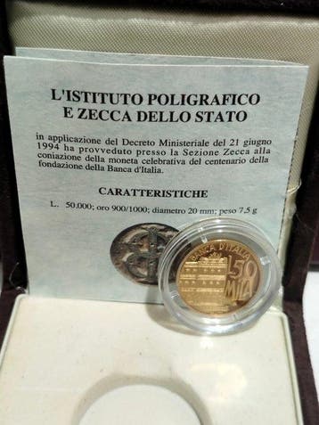 Italië. 50000 Lire 1993, Centenario Banca dItalia (7.5g Oro
