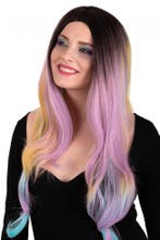 Pruik Selena Lang Met Krullen Pastel Regenboog, Verzenden, Nieuw