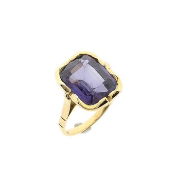 Gouden ring met synthetische paarse edelsteen; 14 karaat;..., Handtassen en Accessoires, Gebruikt, Paars, Ophalen of Verzenden
