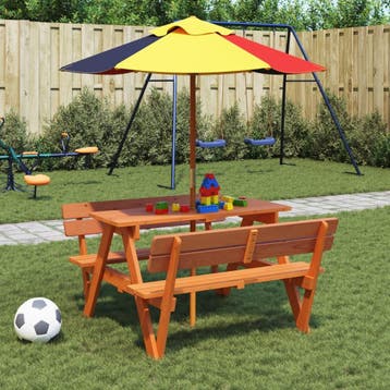 vidaXL Picknicktafel voor 4 kinderen met parasol massief, Verzenden