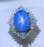 Bague Platine Saphir étoilé - Diamant - Star Sapphire Burma, Nieuw