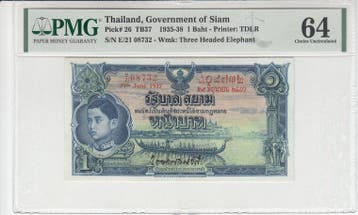 1937 Thailand 1 Baht Pick 26 Pmg Choice Unc 64, Verzenden, België