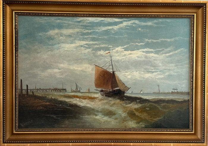 William P Rogers.(act 1842-1883) - Leaving port in a fresh, Antiek en Kunst, Kunst | Schilderijen | Klassiek