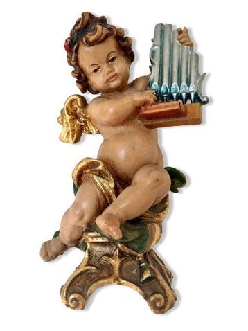 Snijwerk, Holzfigur - farbiger sitzender Engel spielt Orgel