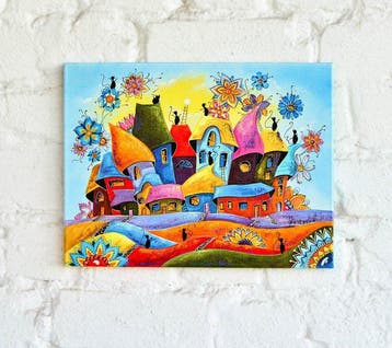 Natalia Grinchenko (XX-XXI) - Flower City of Cats, Antiquités & Art, Art | Peinture | Moderne
