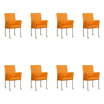 Set van 8 Leren eetkamerstoelen Comfort met wieltjes en, Ophalen of Verzenden