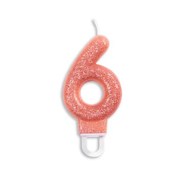 Kaars 6 Jaar Rose Goud Glitter 7cm, Verzenden, Nieuw