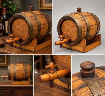 Antiek houten wijnvat op standaard – houten tap – metalen