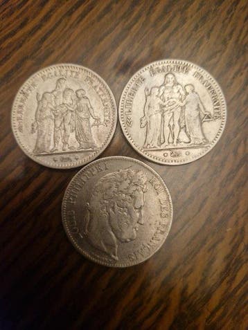 France. 5 Francs 1832 à 1876 (lot de 3 monnaies en argent)