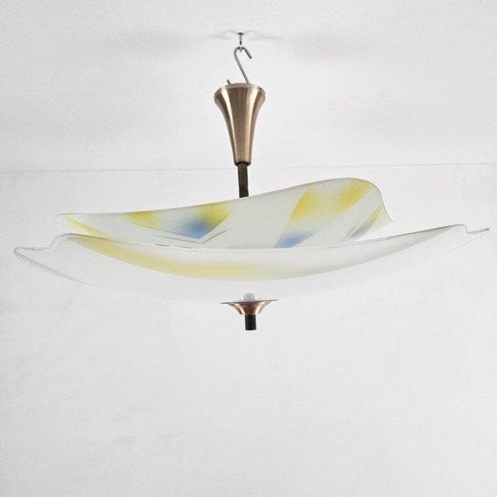 Plafondlamp - Glas, Koper - Dubbele glasschaal lamp, Antiquités & Art, Curiosités & Brocante