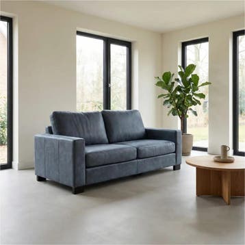 Leren bank Energy - 2,5 zits - Kenia Denim (blauw) - Poten, 150 tot 200 cm, Nieuw, Ophalen of Verzenden, Modern