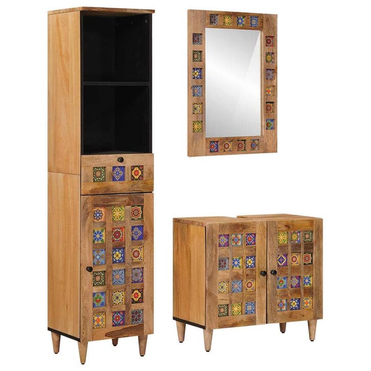 vidaXL Badkamermeubel Set met lade 3 pcs Naturel Massief, Huis en Inrichting, Badkamer | Badkamermeubels, Nieuw, Verzenden