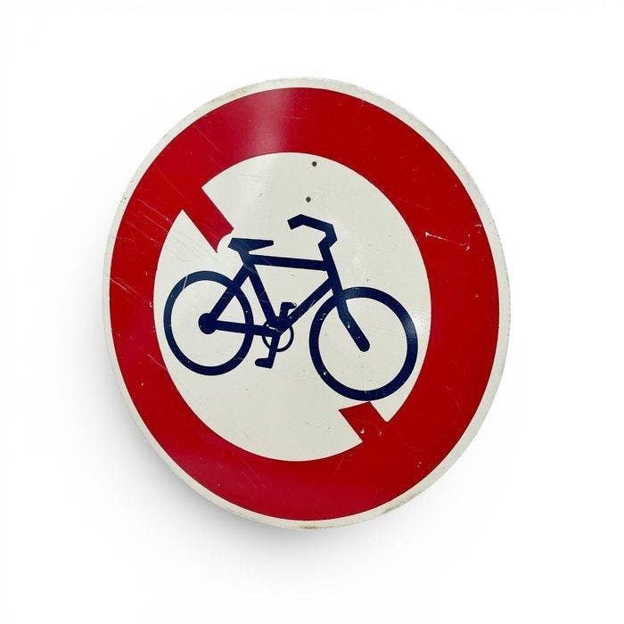 Vintage Japans metalen verkeersbord Verboden voor fietsen, Antiek en Kunst, Antiek | Wandborden en Tegels