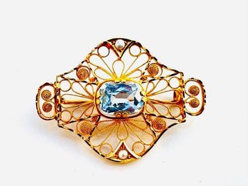 Broche - 18 karaat Geel goud - 1.02ct. tw. Aquamarijn