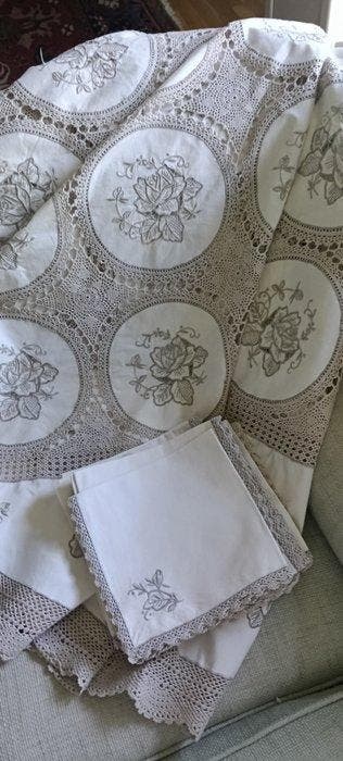 Tafelkleed - 200 cm - 200 cm - Ronde Vintage +12 servetten