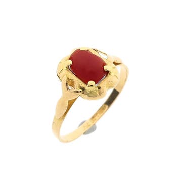 18 Krt. antiek gouden ring met bloedkoraal, Handtassen en Accessoires, Ringen, Gebruikt, Ophalen of Verzenden, 17 tot 18, Met edelsteen