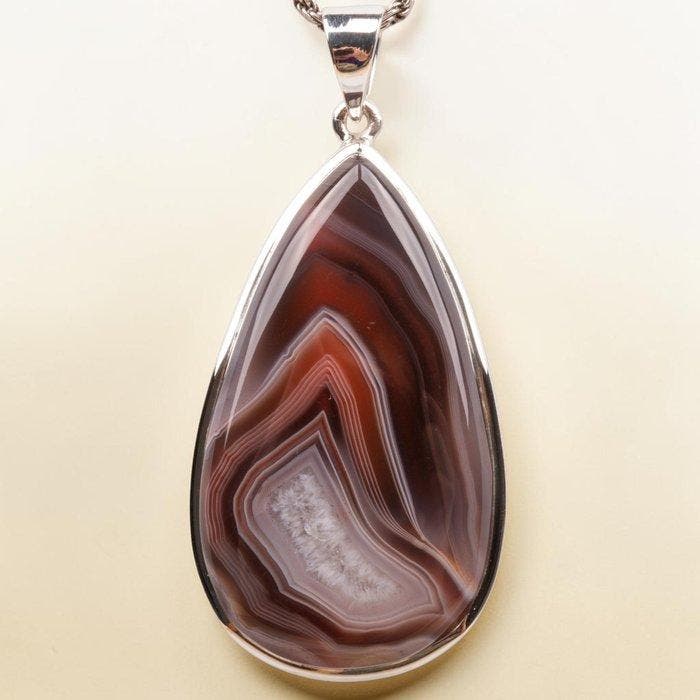 Rode gestreepte agaat hanger in 925 zilver – Mexico –, Verzamelen, Mineralen en Fossielen