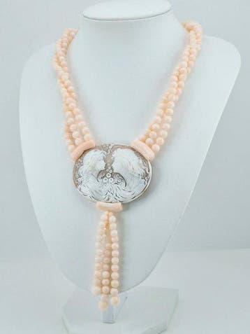 Koraal - Zilver - Halsketting - Roze koraal en camee, Antiek en Kunst