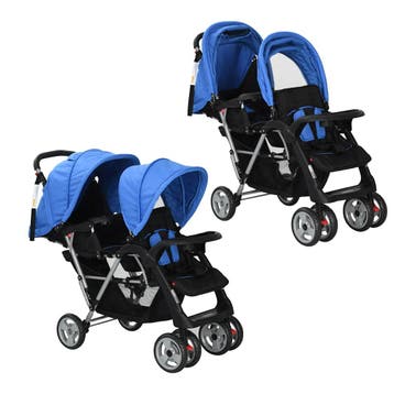 vidaXL Kinderwagen dubbel staal blauw en zwart, Verzenden