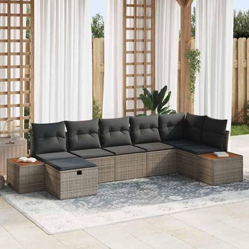 vidaXL Tuinbank Set met kussen 7 pcs Grijs Poly rattan, Tuin en Terras, Verzenden, Nieuw
