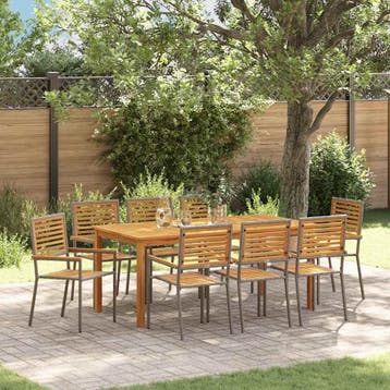 vidaXL Tuin Eettafel Set 9 pcs Grijs Massief Acacia Hout, Verzenden, Nieuw