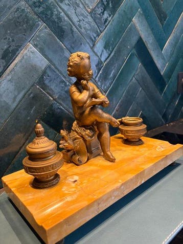 Antiek 1900 Belgié - Prachtig deco stel - Inktpot - Marmer,