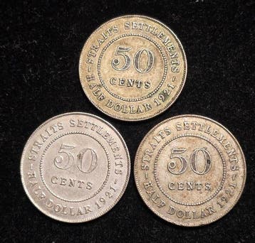Straits Settlements. Edward VII. 50 Cents 1921(×3) (Zonder