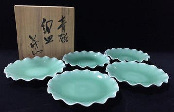 Set of 5 Japanese Celadon Green Porcelain Plates by Kajiwara