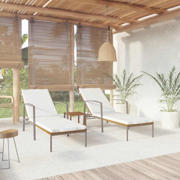 vidaXL Ligbedden 2 st met tafel poly rattan bruin, Tuin en Terras, Ligbedden, Nieuw, Verzenden