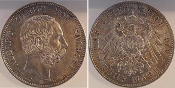 Duitsland 5 Mark Albert Sachsen 1902 E J 128 a d Tod, lei..., Timbres & Monnaies, Verzenden
