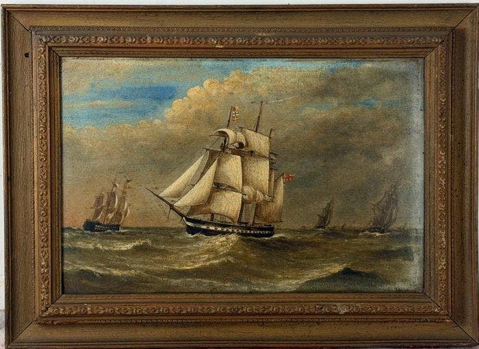 British school (XlX) - A British Naval brig under sail, Antiek en Kunst, Kunst | Schilderijen | Klassiek
