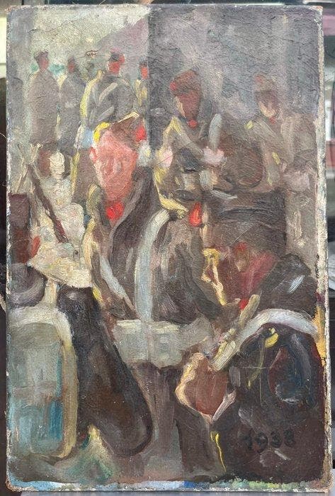 École française (XX) - Le service militaire 1938 (Vendu sans, Antiquités & Art, Art | Peinture | Classique