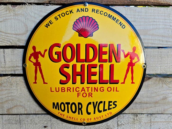 Golden Shell lubrication oil - emaille bord, Collections, Marques & Objets publicitaires, Envoi