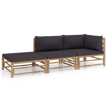 vidaXL 3-delige Loungeset met donkergrijze kussens bamboe, Verzenden, Loungeset