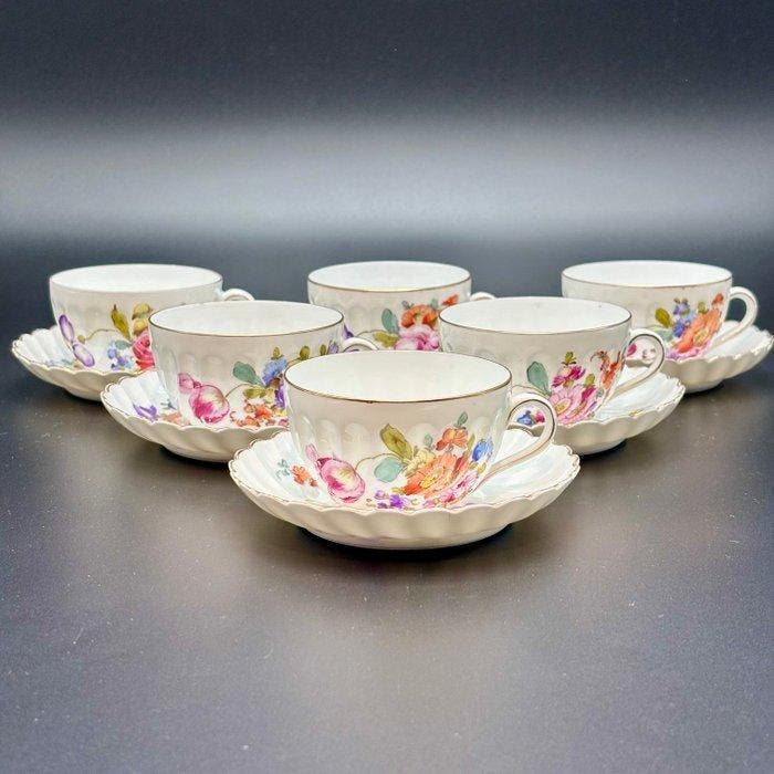 Hermann Ohme - Tasse et soucoupe (6) - Fleurs de Saxe nr., Antiquités & Art, Antiquités | Verre & Cristal