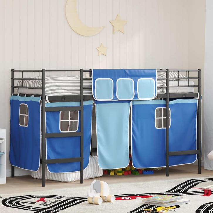 vidaXL Loftbed voor kids met gordijnen Zwart en Blauw 90 x, Maison & Meubles, Chambre à coucher | Lits, Envoi