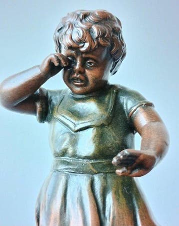 Sculpture, Fillette et chien - 18 cm - Bronze, Bois