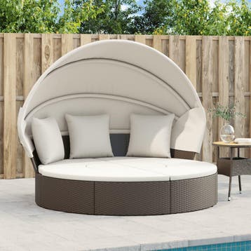 vidaXL Loungebed met luifel en kussens poly rattan bruin, Verzenden