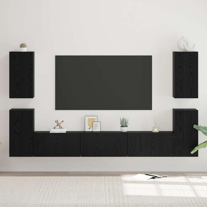 vidaXL Tv-meubelset 7 st Zwart Eiken Bewerkt hout, Huis en Inrichting, Kasten |Televisiemeubels, Nieuw, Verzenden