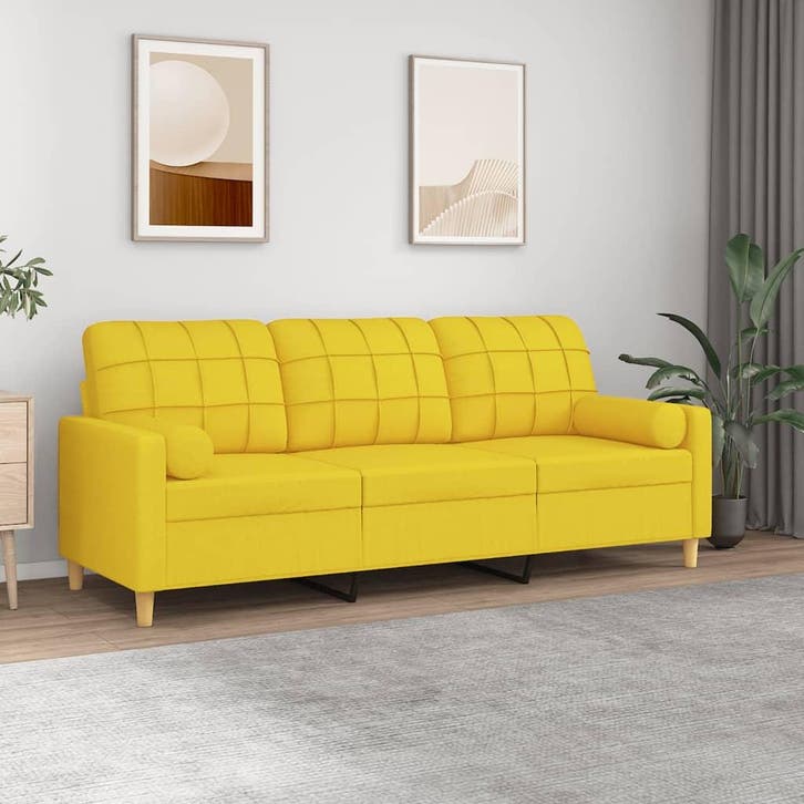 vidaXL Driezitsbank met sierkussens 180 cm stof lichtgeel, Huis en Inrichting, Zetels | Zetels, Nieuw, Verzenden