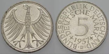 5 duitse Mark 1957 D 5 Mark Kursmunten Bondsrepubliek Dui..., Verzenden