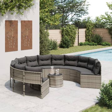 vidaXL Tuinbank met tafel en kussens rond poly rattan grijs, Verzenden, Nieuw