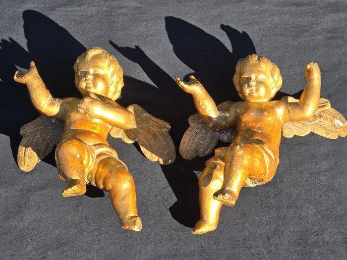 sculptuur, Coppia Angeli, XVIII - 43 cm - Verguld hout, Antiek en Kunst, Antiek | Keramiek en Aardewerk