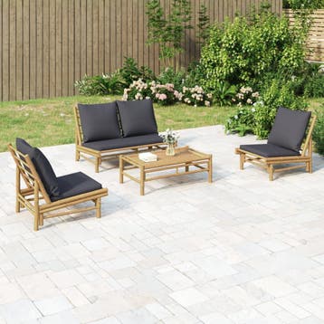 vidaXL 4-delige Loungeset met kussens bamboe donkergrijs, Verzenden, Loungeset