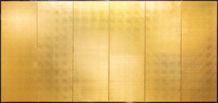 Een Japanse gouden zijde zesdelige bybu-vouwscherm. - Zijde, Antiek en Kunst, Antiek | Overige Antiek