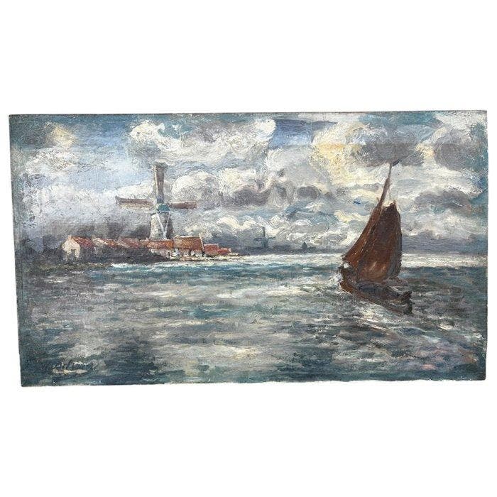 Willem Delsaux (1862-1945) - Marina con mulino a vento e, Antiek en Kunst, Kunst | Schilderijen | Klassiek